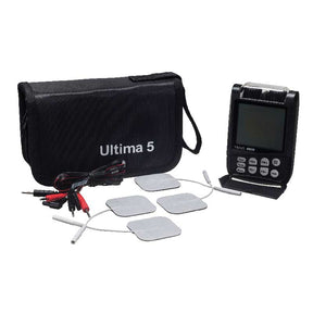 TENS unit with electrodes, wires, and black carrying case labeled Ultima 5 for pain relief.