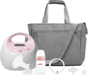 Electric breast pump kit with pink and white pump, bottle, tubing, and gray carrying bag