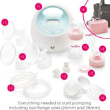 Electric breast pump kit with bottles, tubing, flanges, storage bags, and carrying case