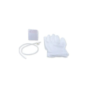 Sterile catheter insertion tray with gloves, flexible tubing, and a collection container on white background