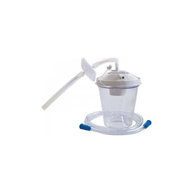 Disposable medical suction canister with lid and attached tubing for fluid collection