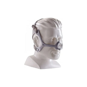 Nasal CPAP mask with headgear displayed on mannequin head, sleep apnea medical supply