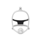 CPAP nasal mask headgear for sleep apnea therapy, white frame with black strap, front view