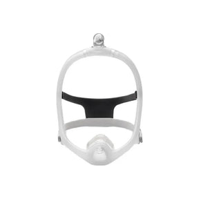 CPAP nasal mask headgear for sleep apnea therapy, white frame with black strap, front view