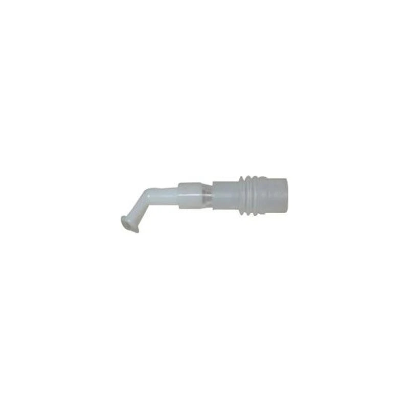 Clear plastic medical respiratory connector with angled tip on white background