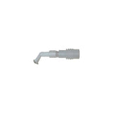Clear plastic medical respiratory connector with angled tip on white background