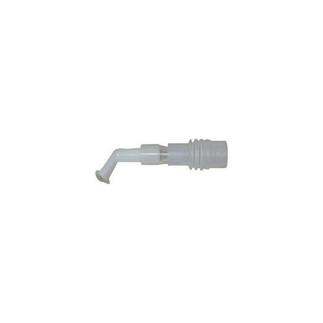 Clear plastic medical respiratory connector with angled tip on white background