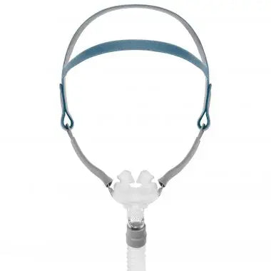 Nasal CPAP mask with adjustable headgear for sleep apnea therapy, shown on white background