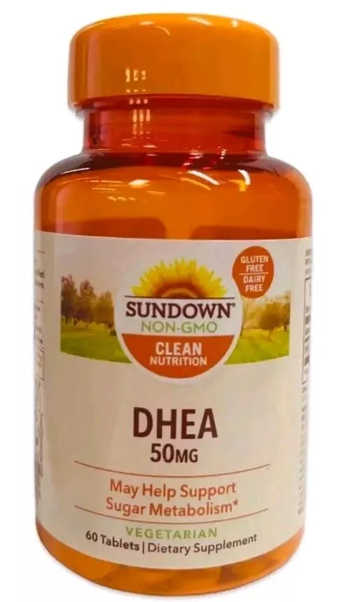 Sundown DHEA 50mg dietary supplement bottle, vegetarian, non-GMO, 60 tablets
