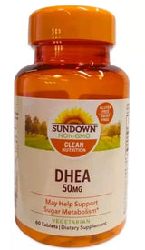 Sundown DHEA 50mg dietary supplement bottle, vegetarian, non-GMO, 60 tablets