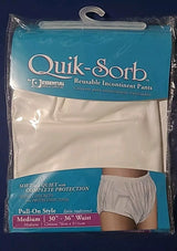 Quik-Sorb reusable incontinence pants in packaging, medium size, pull-on style, white color.
