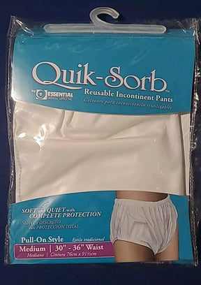 Quik-Sorb reusable incontinence pants in packaging, medium size, pull-on style, white color.