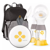 Double electric breast pump with bottles, control unit, and grey backpack
