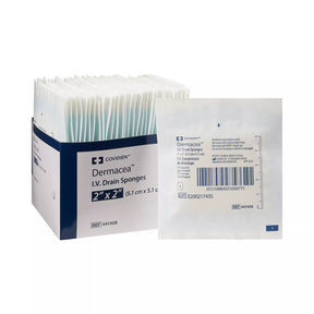 Box of Covidien Dermacea 2x2 inch I.V. drain sponges with individual sterile packaging