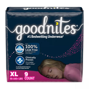 Goodnites XL bedwetting underwear 9 count package for 95-140 lbs, leak-free protection