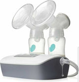 Double electric breast pump with two milk collection bottles and clear suction cups