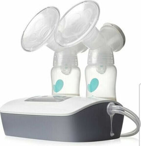 Double electric breast pump with two milk collection bottles and clear suction cups