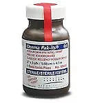 Sterile glass vial of medical solution with labeled dosage, white cap, and red seal strip