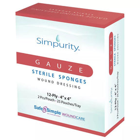 Box of Simpurity gauze sterile sponges for wound dressing, 12-ply, 4x4 inch, 25 pouches