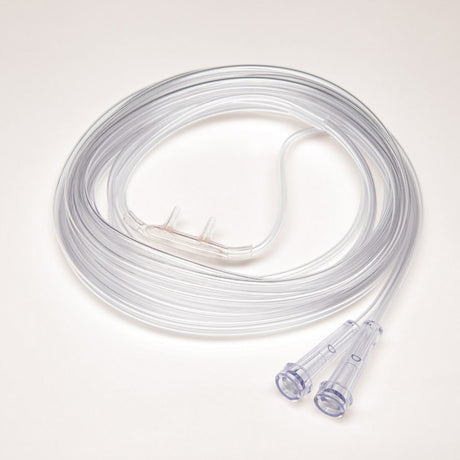 Clear nasal oxygen cannula with dual prongs and flexible tubing for respiratory therapy