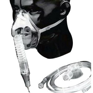 Adult nebulizer oxygen mask with tubing set displayed on mannequin head