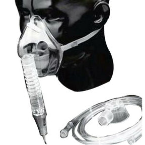 Adult nebulizer oxygen mask with tubing set displayed on mannequin head