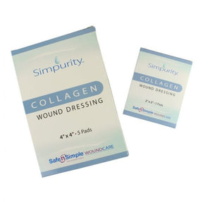 Simpurity collagen wound dressing pads in two box sizes for wound care