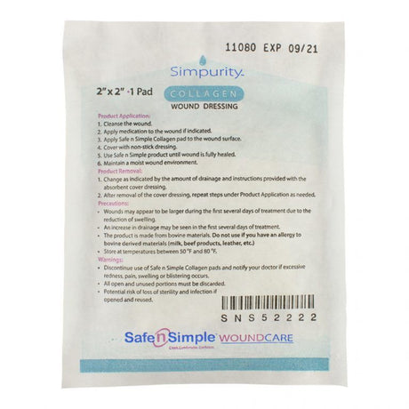 Safe n Simple collagen wound dressing package with instructions and product details