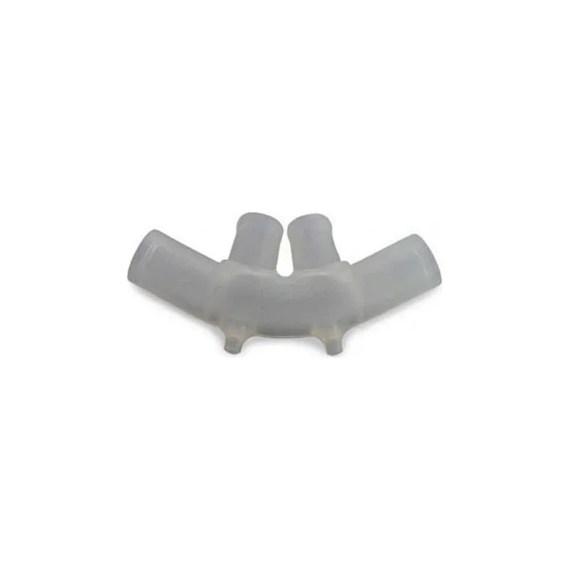 Clear plastic oxygen cannula nasal prong adapter for respiratory therapy