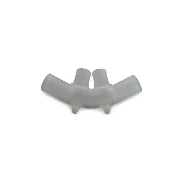 Clear plastic oxygen cannula nasal prong adapter for respiratory therapy
