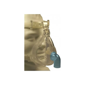 Clear medical oxygen mask with blue exhalation port on mannequin head