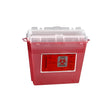 Red medical sharps container with biohazard label and secure clear lid