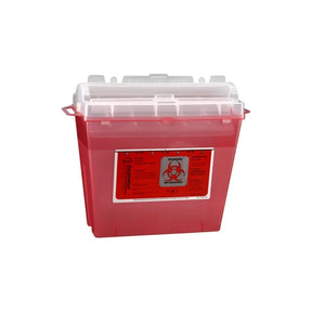 Red medical sharps container with biohazard label and secure clear lid