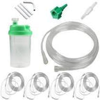 Oxygen humidifier bottle with green cap, tubing, connectors, and accessories for home medical use