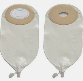 Pair of transparent ostomy bags with adhesive flanges for stoma care and medical use