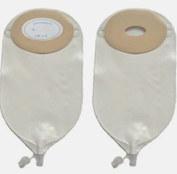 Pair of transparent ostomy bags with adhesive flanges for stoma care and medical use