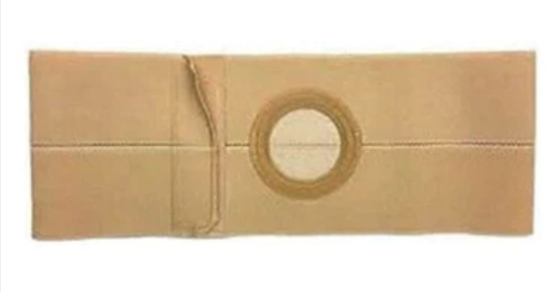 Beige ostomy belt with circular opening for stoma support and medical appliance security