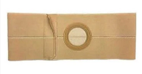 Beige ostomy belt with circular opening for stoma support and medical appliance security