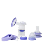 manual breast pump set with purple and white parts on white background