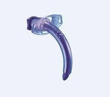 Curved medical tracheostomy tube for respiratory support, isolated on light background