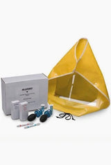 Medical respirator fit test kit with yellow hood, solution bottles, pumps, and box