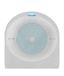 Adhesive ostomy barrier with concentric circles for precise fitting, used in stoma care