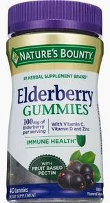 Bottle of elderberry gummies with vitamins C, D, and zinc for immune health