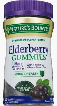 Bottle of elderberry gummies with vitamins C, D, and zinc for immune health