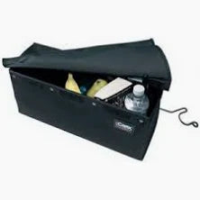 Black insulated medical supply bag with water bottle and fruits inside