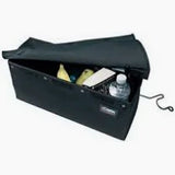 Black insulated medical supply bag with water bottle and fruits inside