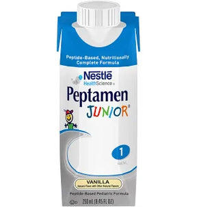 Nestlé Peptamen Junior vanilla pediatric nutrition formula carton with blue cap