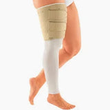Medical compression sleeve and adjustable thigh wrap on person's leg