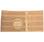 Beige abdominal support belt with circular opening for ostomy appliance.