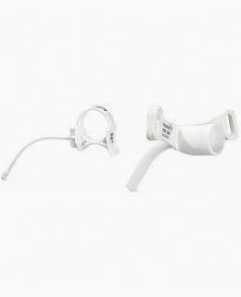 White medical tracheostomy tube with neck strap on a plain background